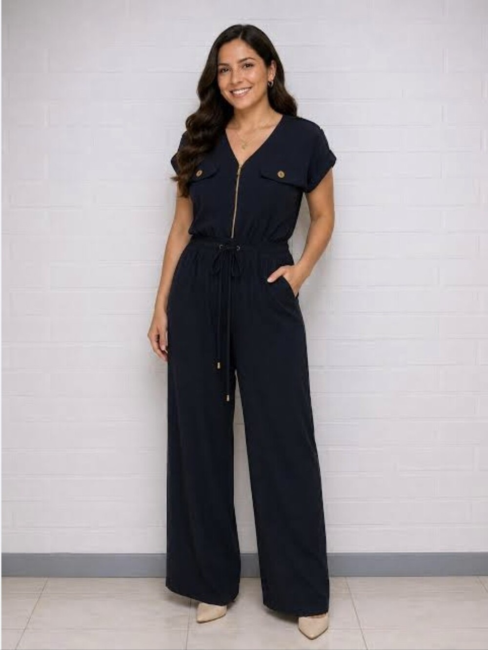 Emma & Michele Black Short-Sleeve Jumpsuit with Front Zip